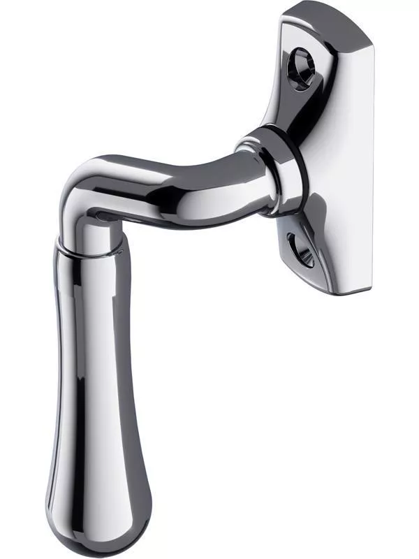 Ett vitt fönsterhandtag med en modern design, monterat på en vit yta.