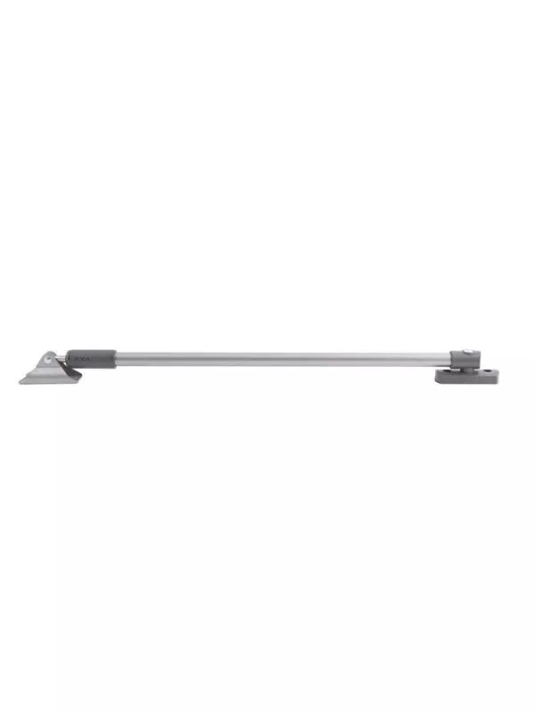 Grå dörrbroms med justerbar arm och monteringsplatta.