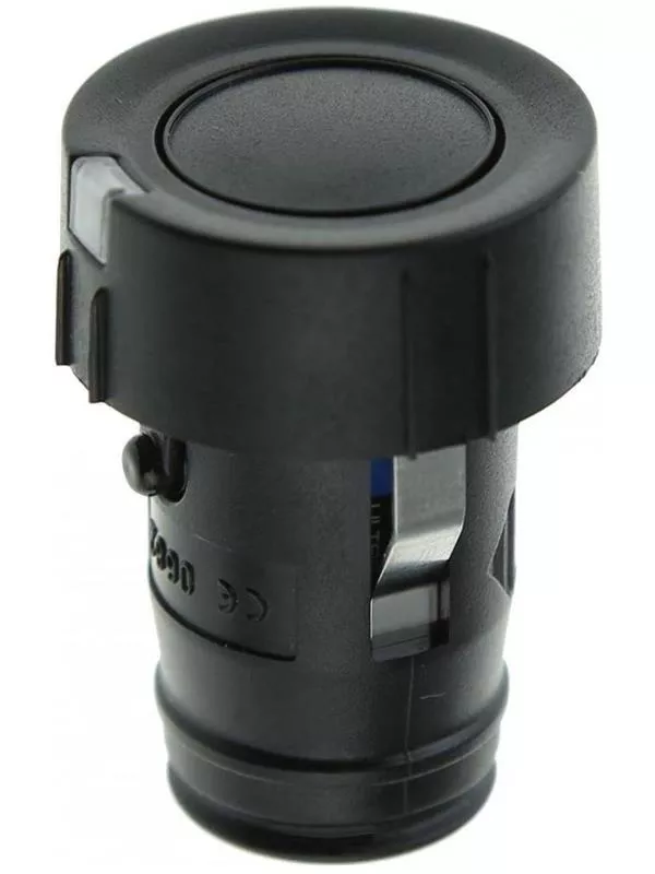 En fjärrkontroll med en knapp och en nyckelring.