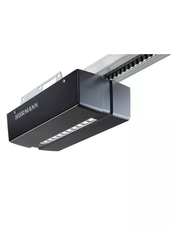 Automatisk garageportöppnare med modern design och vit bakgrund.