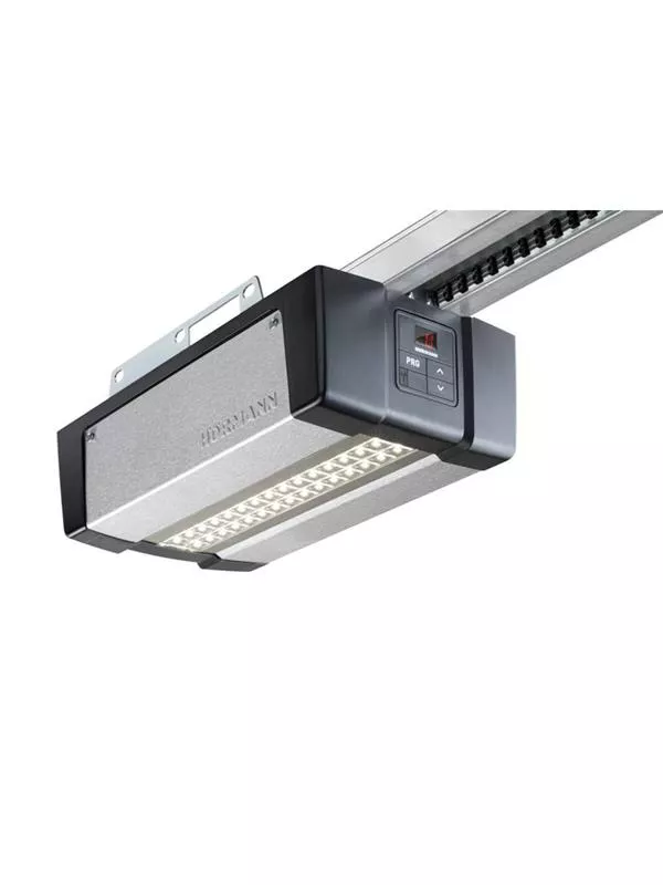 Automatisk garageportöppnare med modern design och LED-belysning.