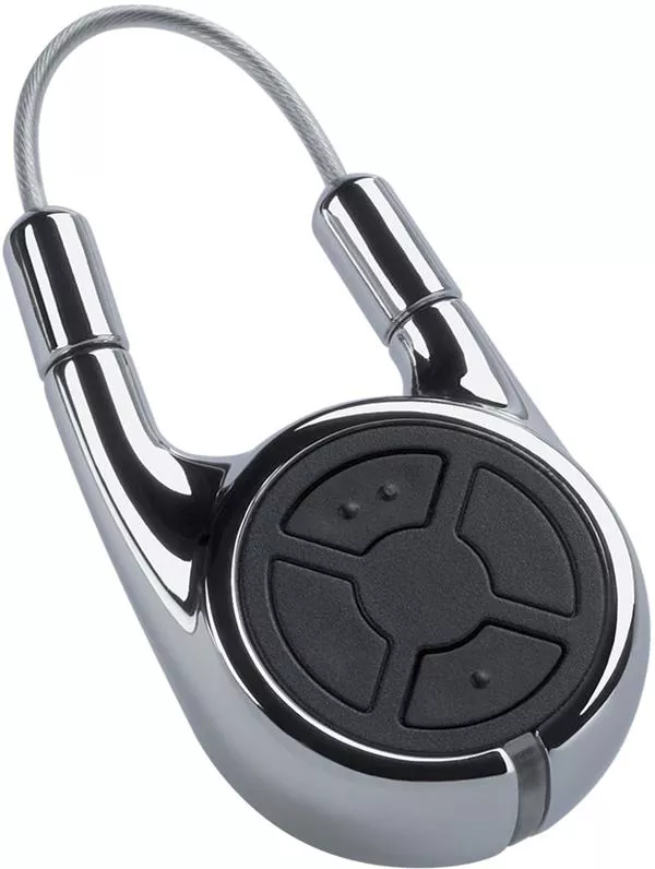 En elegant, kromfärgad fjärrkontroll med två knappar och en nyckelring.