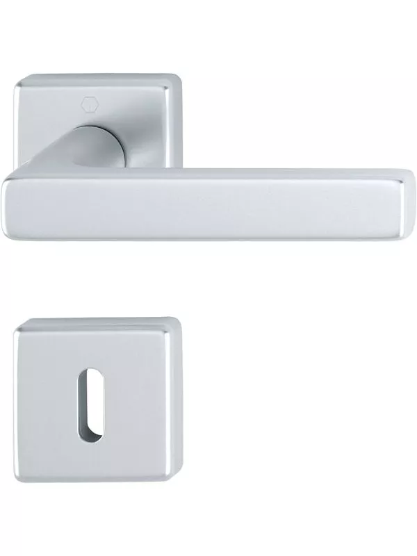 Ett modernt dörrhandtag i silverfärg med en rektangulär basplatta och en smal, avlång handtagsdel.