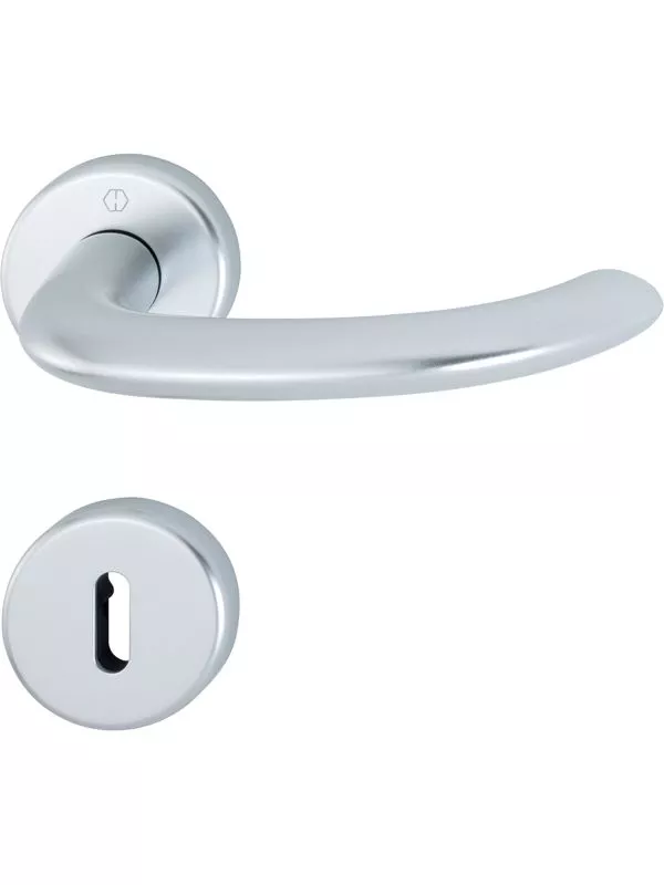 Ett elegant dörrhandtag i silver med en modern och stilren design.