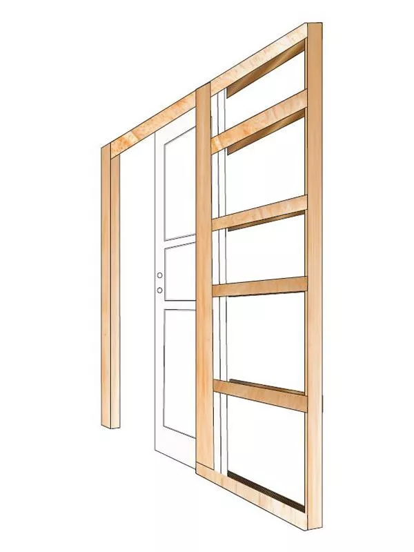 En modern vit skjutdörr med stora glaspartier, omgiven av en ljus vägg.