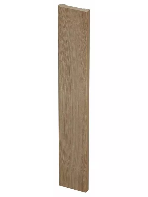 En slät, ljusbrun trädörr med en enkel design och en diskret träådring.