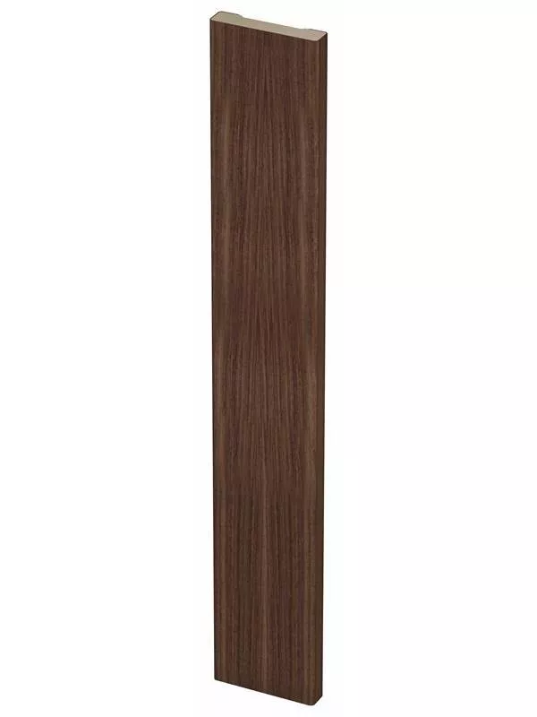 En slät, mörkbrun innerdörr med träådring och en enkel dörrkarm.