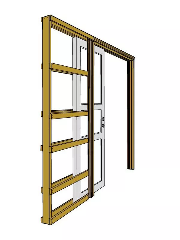 En vit skjutdörr med en enkel och modern design, monterad i en väggöppning.