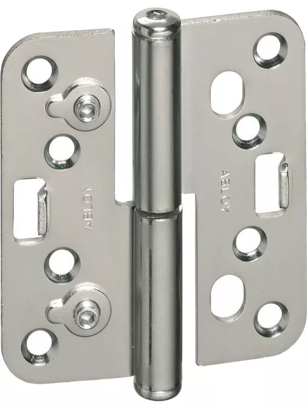 Vit ytterdörr med glasruta och rostfria gångjärn, omgiven av en ljusgrå vägg.