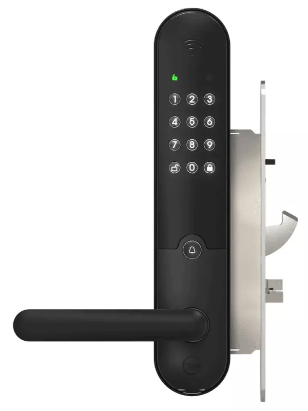 Svart elektroniskt dörrlås med digital knappsats och modern design.