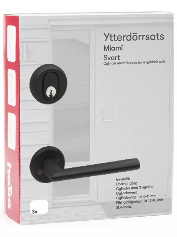 Svart ytterdörr med glasruta och modernt handtag, omgiven av en vit dörrkarm.